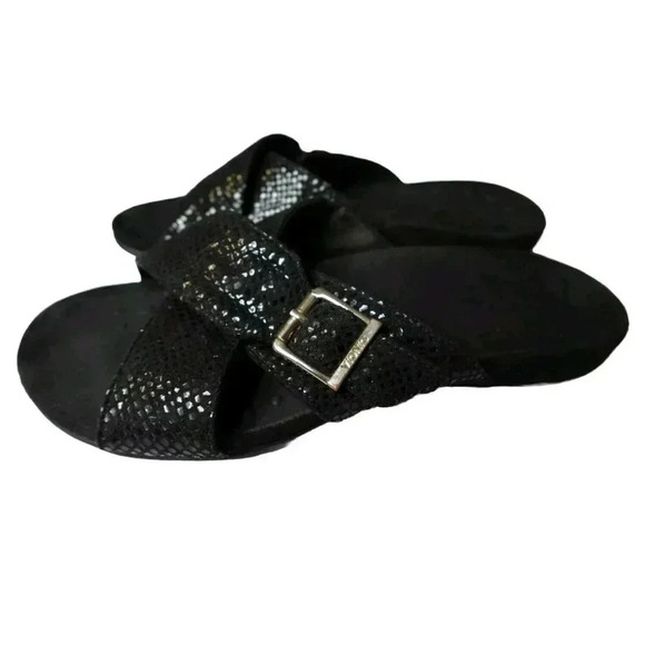 Vionic Sandal Dorie Size 8 Black Leather Slide On Shoe Snake Print Women's - Picture 1 of 6